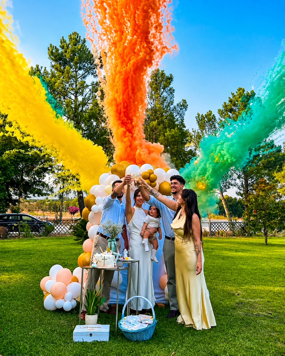 Celebração ao ar livre com fumo colorido e convidados